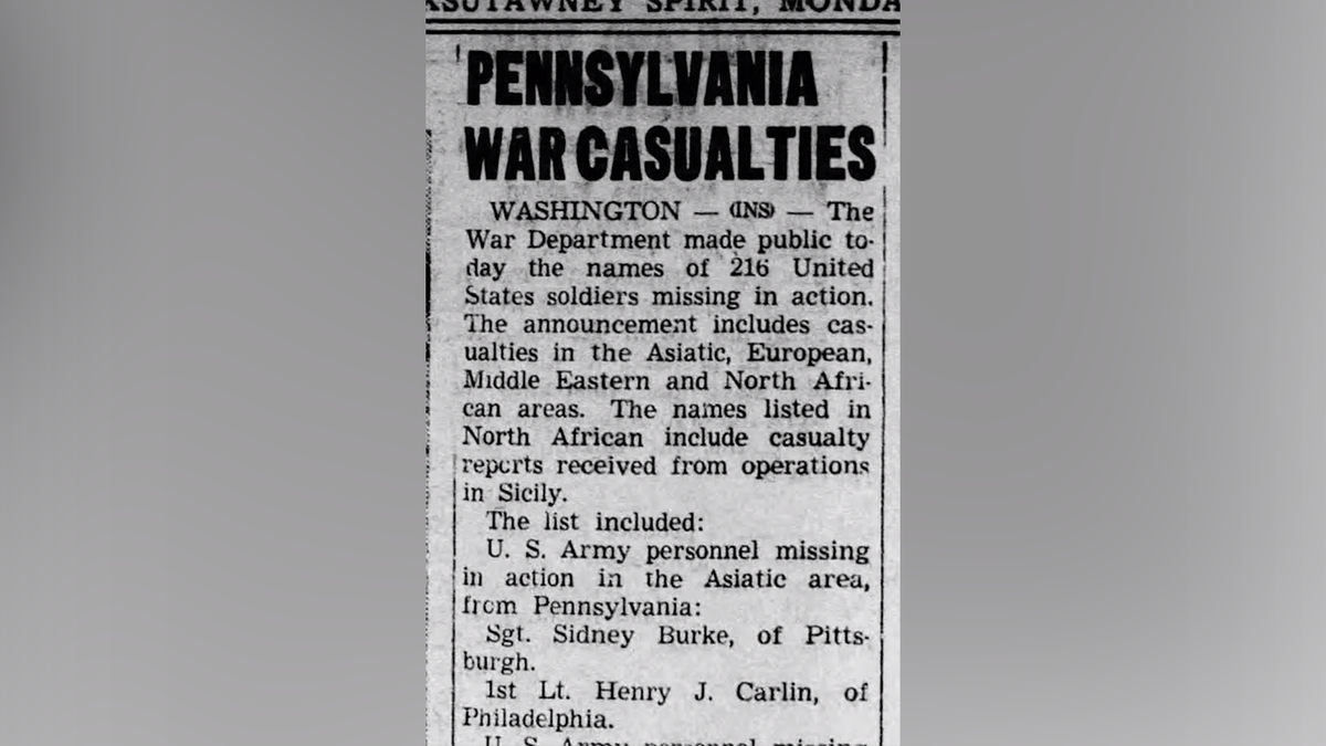 A newspaper clipping shows the announcement of 1st Lt. Carlin's death.