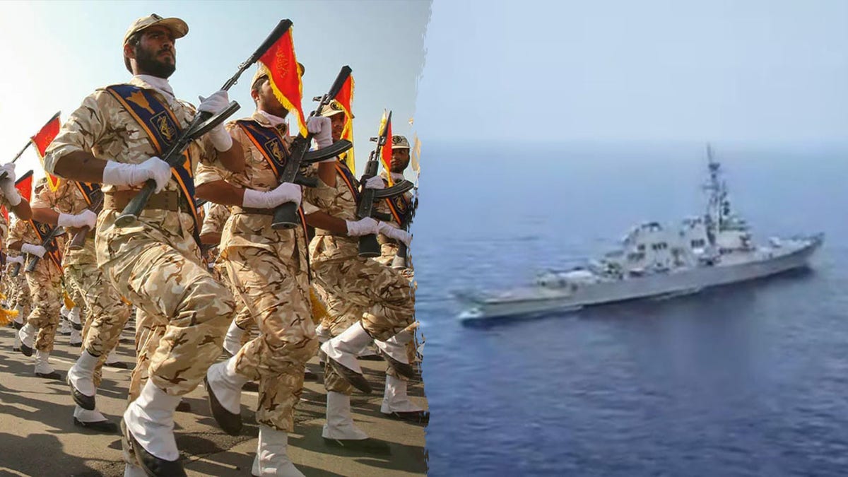 A U.S. Navy warship in the middle East with an image of Iranian soldiers.
